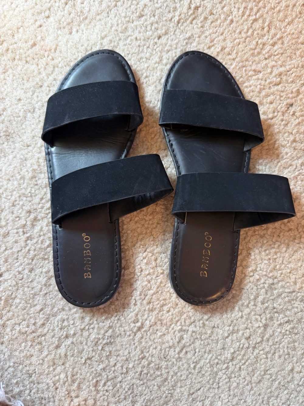 BAMBOO Black Double Strap Slide Sandals for Women